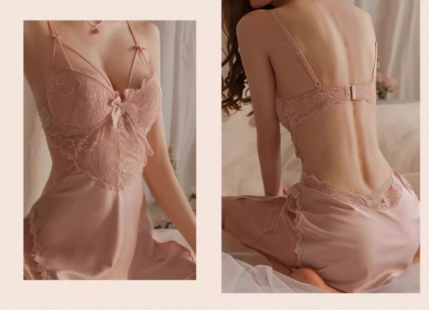 Luxuriöser, sexy Pyjama von Pure Desire | Damen-Nachthemd aus Eisseide mit Spitzenträgern | Integrierte Polster für betonte Kurven | Perfekt für Dates_voghion.com