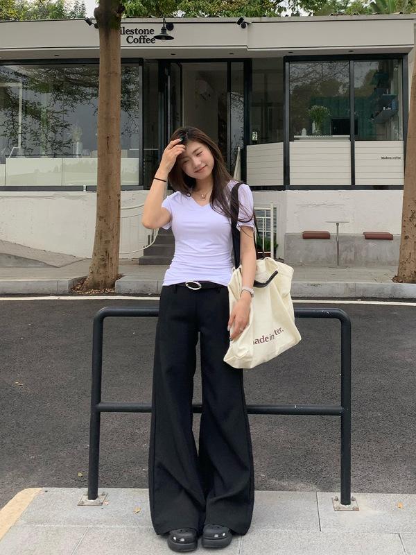 橘子树在哪儿黑色低腰休闲喇叭西装裤女春季高级感垂感宽松拖地裤|undefined