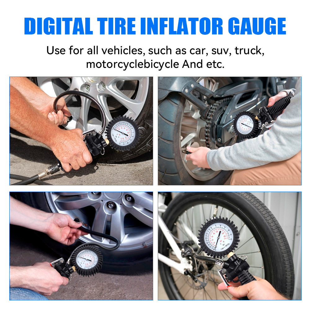 Mechanical pointer tire pressure gun (European, Japanese, and American standards) car tire inflator with pressure gauge, auto repair tool