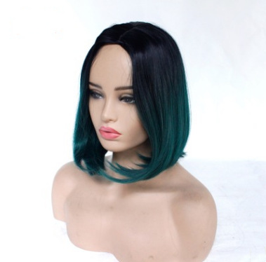 Mecánica cubierta de cabeza popular negro gradiente verde oscuro inclinado BOBO cabello recto fibra química de alta temperatura peluca de seda LW0186