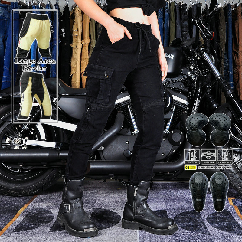 Motorcycle Riding Pants Casual Motorcycle Kevlar Drop-Resistant Black Jeans Threaded Pants Legs Women Rider
