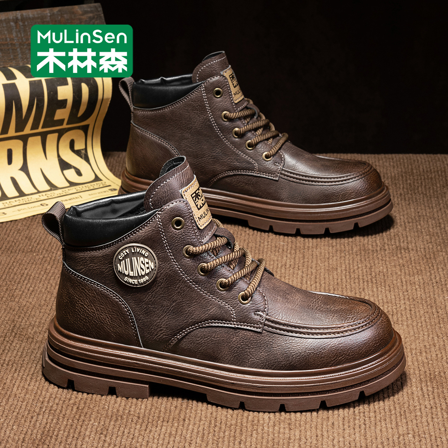 Mulinsen Martin Boots Men's Autum British Style Work Boots Men's High-Top Old Money Style Retro Winter Mid-Top Leather Shoes