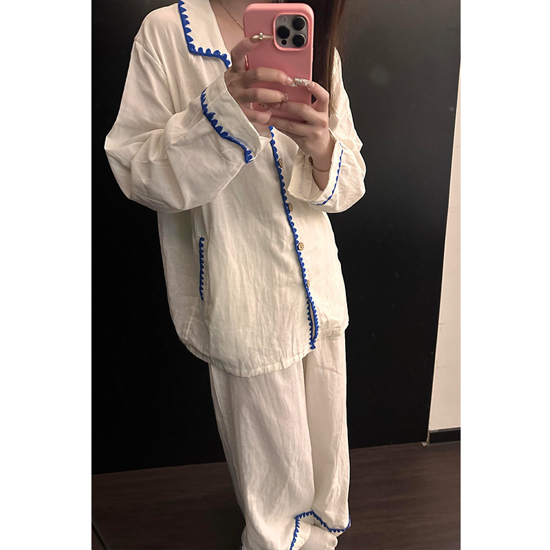 韩系撞色开衫睡衣女夏季2025新款大码温柔慵懒风家居服套装可外穿|undefined