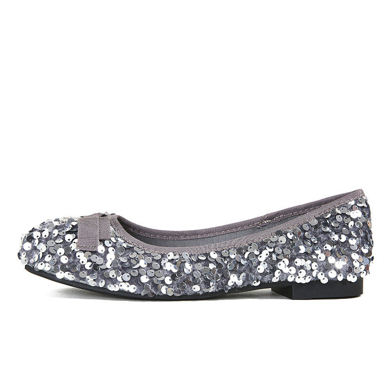 Giày búp bê nữ mũi vuông đế nhỏ đính sequin nơ, kiểu Mary Jane lười gót thấp 1–3 cm — Màu bạc, Màu đen
