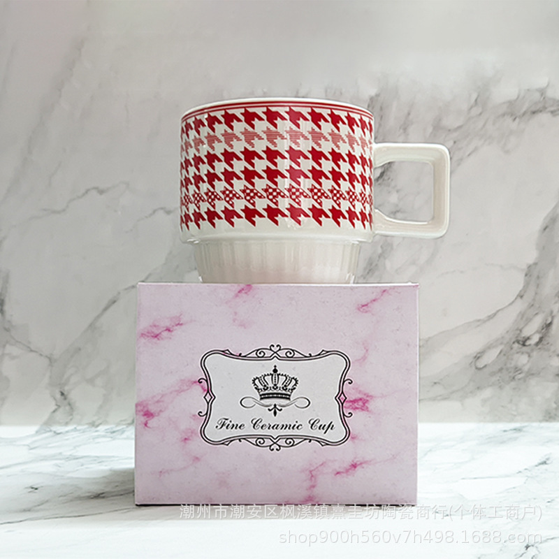 Houndstooth Stacked Mugs Couple Mugs High-Value Water Cups White Porcelain Coffee Cups Best Friend Gifts Birthday Gifts