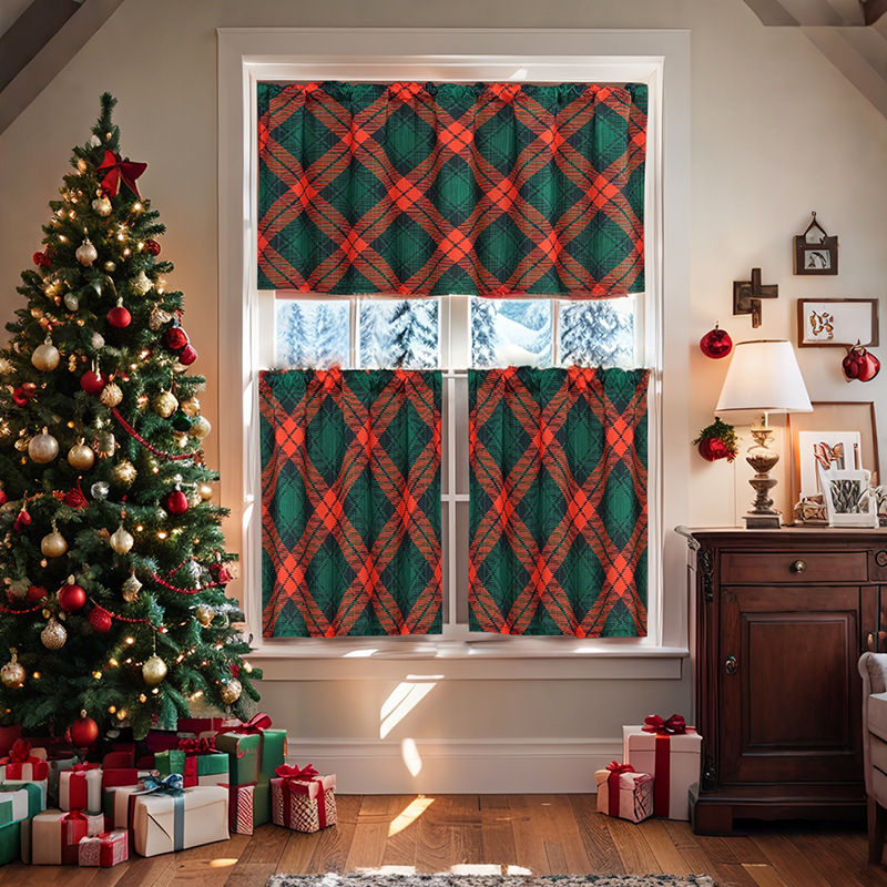 Amazon Small Curtain Three-Piece Set Christmas Theme Digital Printing Coffee Curtain Kitchen Sink Cabinet Dustproof