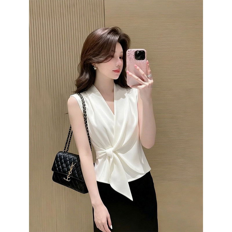 Áo sơ mi nữ không tay cổ V thắt nơ phong cách Pháp — màu trắng chi tiết 2