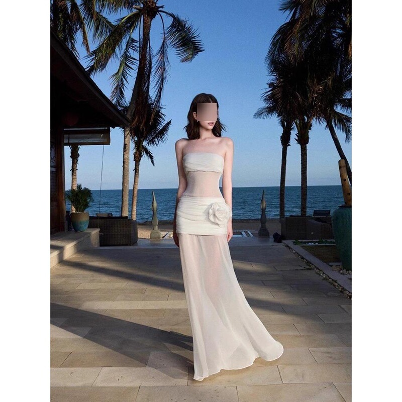 Seaside Holiday Beach Dress Pure Desire Hot Girl Fashion off-shoulder Tube-length Slim-fit Hip Dress Backless dress Summer