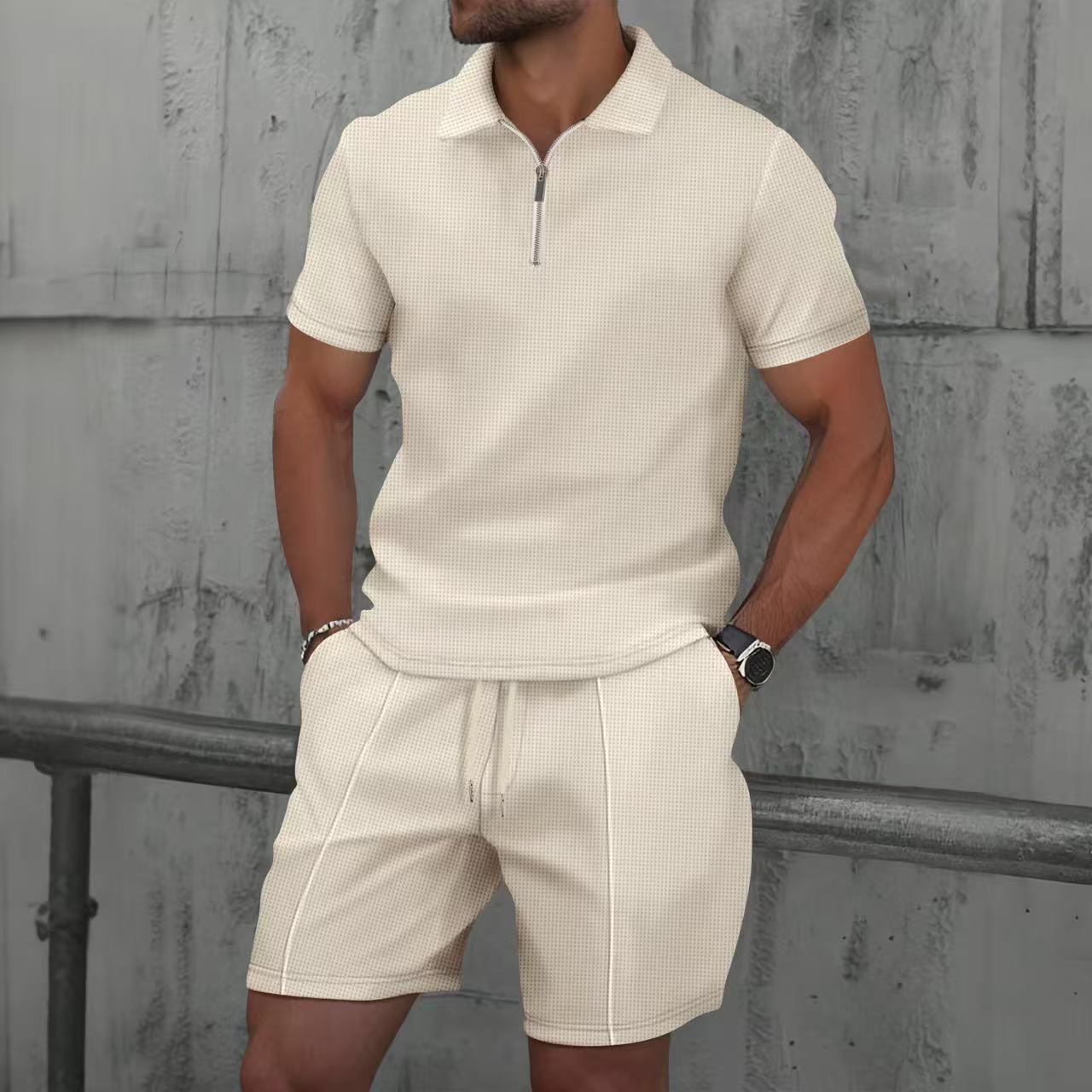 Camisas de polo, camisetas de manga corta, pantalones cortos de hombre, mitad de cremallera, con la solapa de waffle, un conjunto completo de fábrica transfronteriza de verano al por mayor