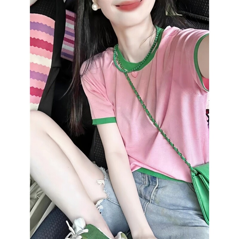 Dopamine Pink Round Neck Ice Silk Knitted Short-Sleeved T-Shirt for Women, Summer Thin Style, Unique and Beautiful Loose Fit Top Dopamine Pink Round Neck Ice Silk Knitted Short-Sleeved T-Shirt for Women, Summer Thin Style, Unique and Beautiful Loose Fit Top