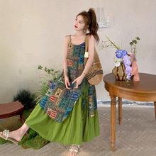 复古吊带裙子夏季新款民族风吊带裙连衣裙海边度假风印花吊带裙女