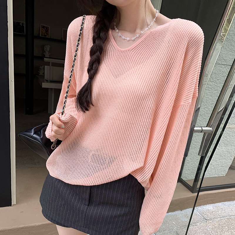 Lazy Chanel Style V-neck Hollow-out Long-sleeved Sweater Women's Spring and Autumn New Loose Thin Air-conditioning Cover