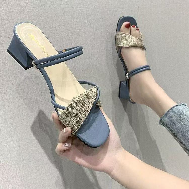 Square-Toe Chunky Heel Sandals, Large Size, European and American Style, Two-Way Wear Slippers, Roman Sandals, Cross-Border Foreign Trade Wholesale, High-Heeled Shoes, Women's Shoes