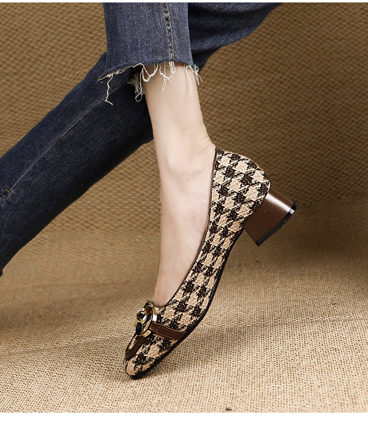 Houndstooth Square Toe Casual Single Shoes Women Summer New Metal Chain Low Heel Shallow Mouth S Soft Bottom Slip On_voghion.com