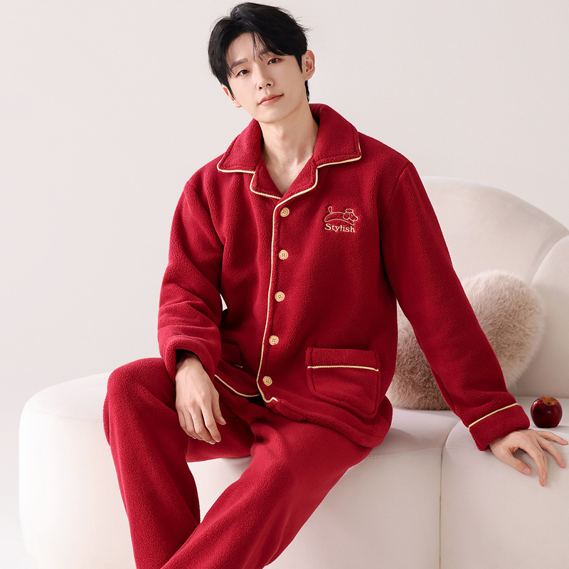 Winter New Cross-Border Popular Cashmere Pajamas Men's Heated Warm Home Clothes Set Can Be Worn Outside Lapel Cardigan