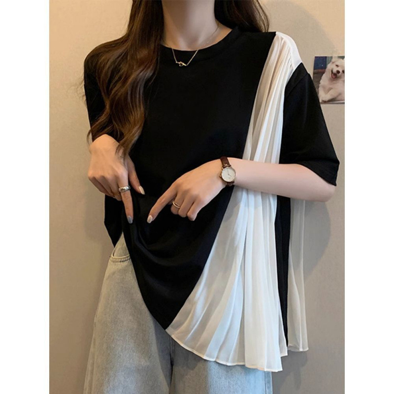 纯棉大码夏季小众遮肚子撞色短袖T恤女胖妹妹宽松显瘦不规则上衣|undefined