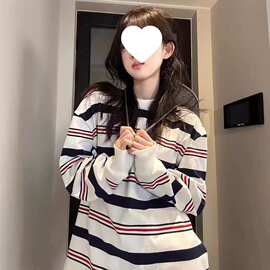 美式复古慵懒条纹卫衣女早秋新款韩版宽松显瘦打底衫外穿恤上衣