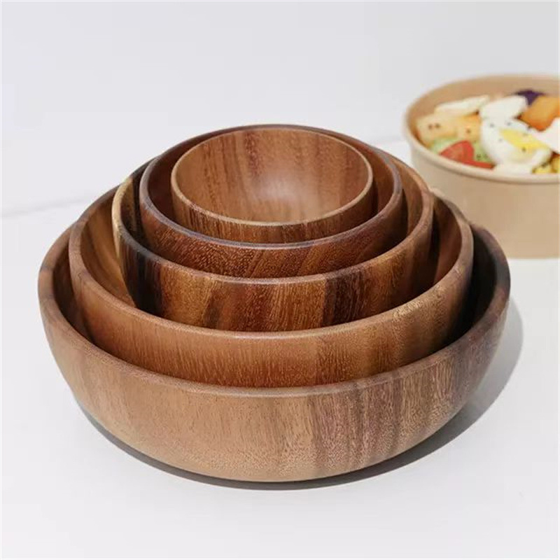 Tazón redondo de madera maciza transfronteriza tazón de fruta para el hogar vajilla de madera enferma de amor de estilo japonés tazón de color sólido tazón de ensalada de madera entera