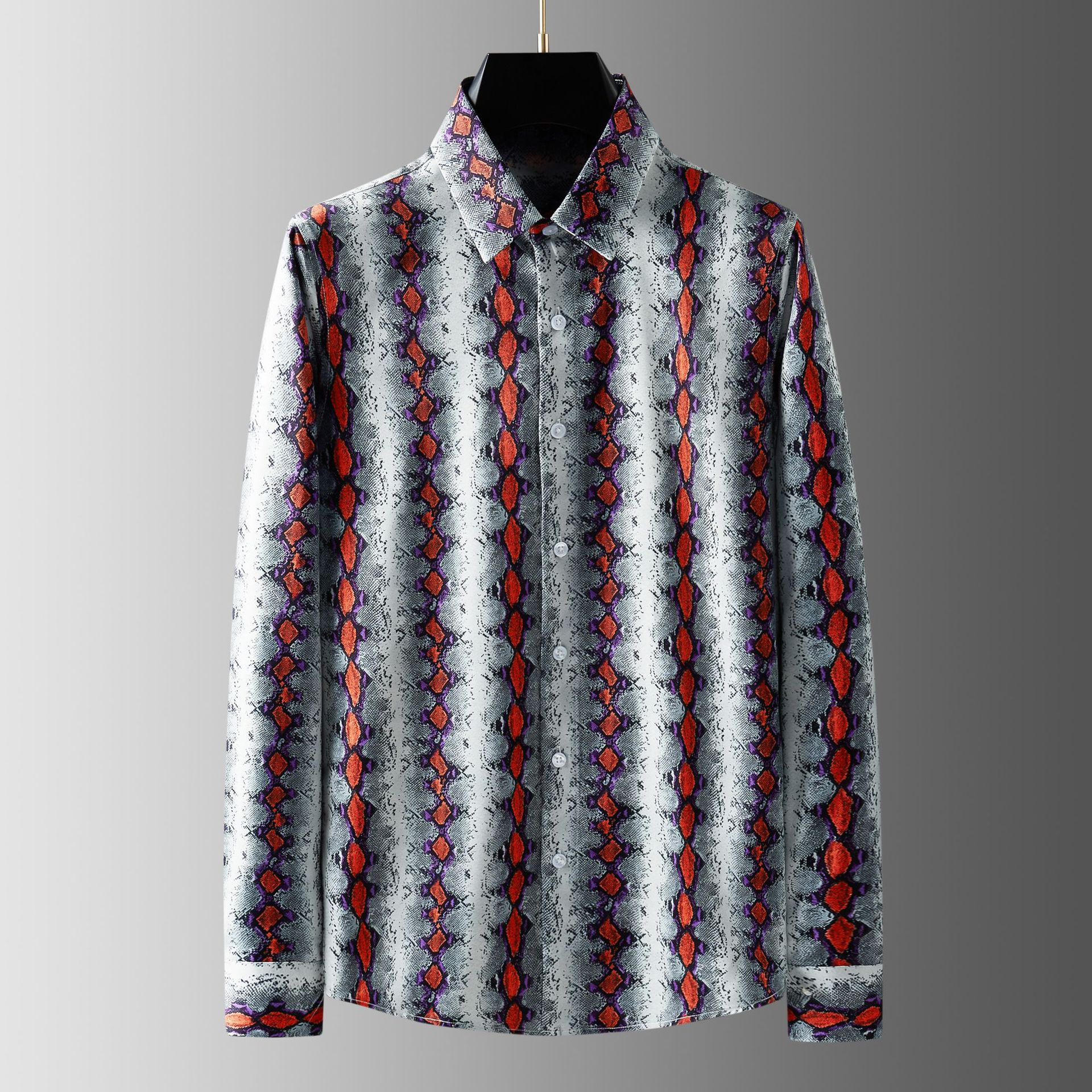 秋季新款定位蛇纹数码印花长袖衬衫男式潮流个性垂直感休闲花衬衫