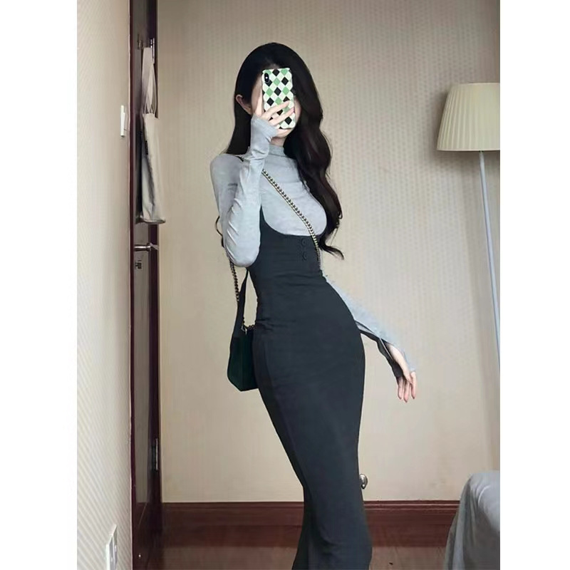 Pure Spice Girl Style Strap Fishtail Dress Suit Autumn and Winter New Fashion High Waist Slim Fit Hip Dress Two-piece Set Pure Spice Girl Style Strap Fishtail Dress Suit Autumn and Winter New Fashion High Waist Slim Fit Hip Dress Two-piece Set