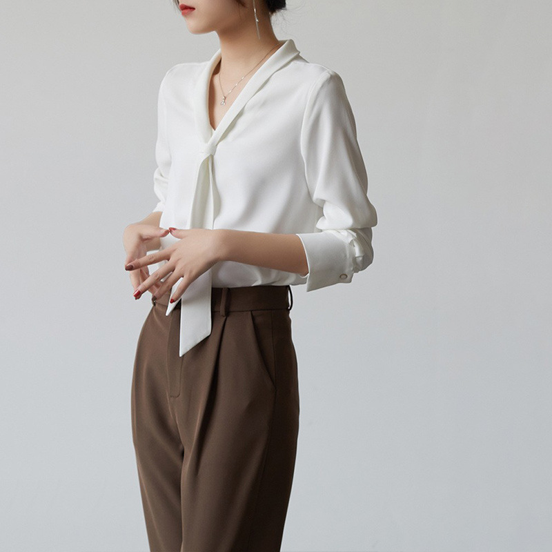 Factory Direct Sale 25 Early Spring Shirts New Slim Fit Lace-Up White Shirt Vinegar Satin Shirt Office White-Collar Top