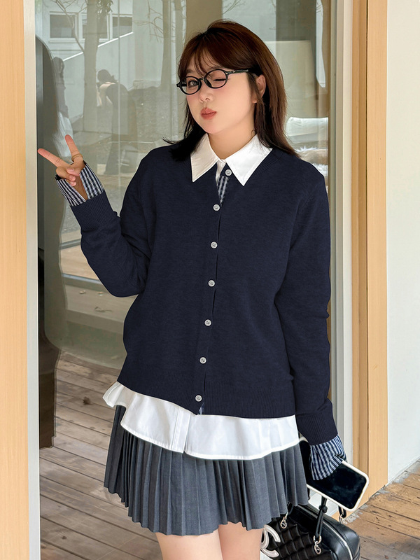 伊诺大码女装设计感拼接格子针织衫2025秋韩系圆领显瘦开衫313053|undefined