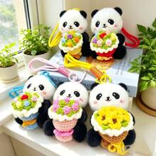 成都网红大熊猫针织抱花毛绒玩偶公仔钥匙扣包包挂件可爱花朵熊猫