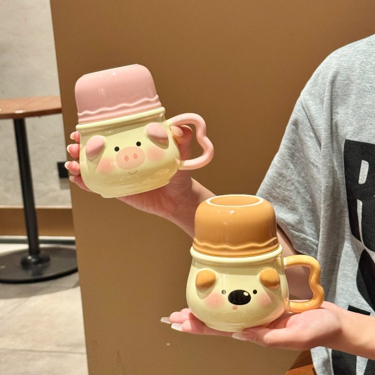 Cute cerdo taza de cerámica taza de cerámica con cubierta para niñas taza de desayuno infantil de oficina taza de café leche