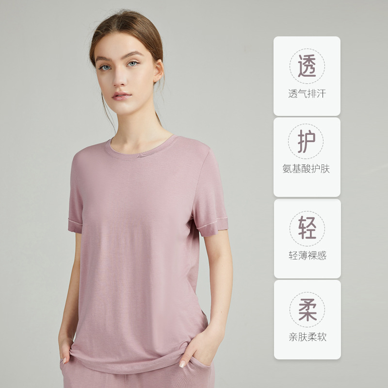 [칭다오 Jishuang Knitting] 멀버리 실크 잠옷 반팔 바지 파자마 모달 여성 얇은 라운드 넥 홈웨어 여름