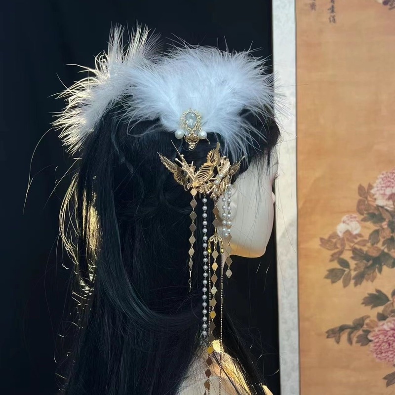 超仙羽毛纯欲风发簪高级感珍珠流苏簪子新娘拍照道具新款发饰头饰|undefined