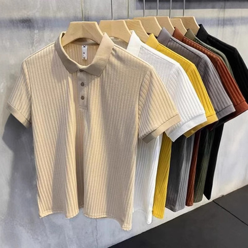 Men's Summer Striped Lace Knit Breathable Ice Silk T-shirt, Versatile Color, Comfortable Polo Shirt, Men's Base Shirt