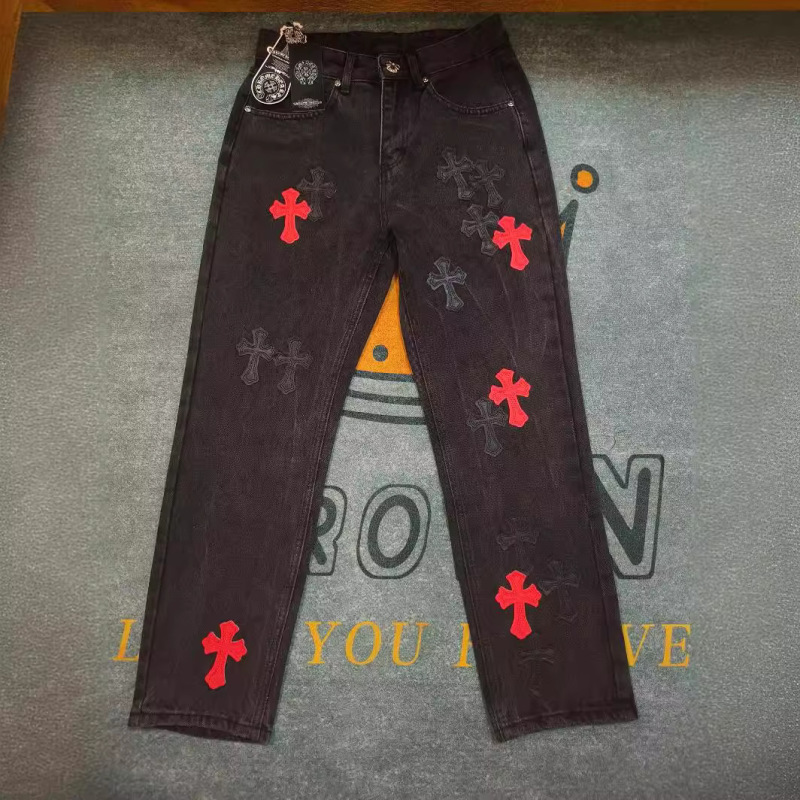 24 New High Version Chrome Hearts Jeans Cross Color Leather Label Pants Versatile Pants