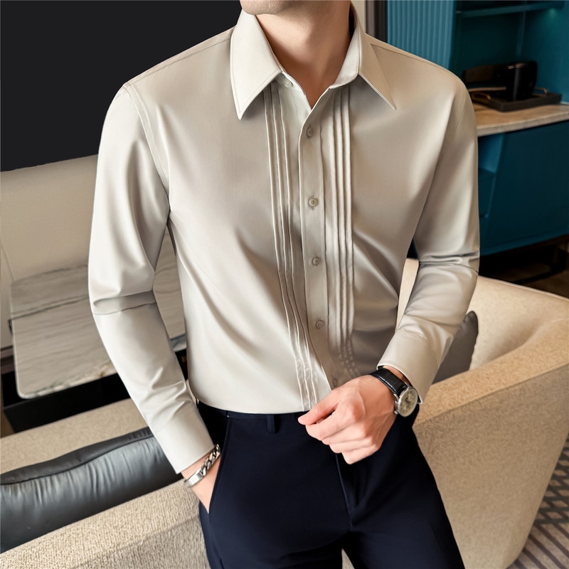 High-End Men's Long-Sleeved Shirt with Large Pointed Collar, Stylish Pleated Design, Business Casual Shirt for Men High-End Men's Long-Sleeved Shirt with Large Pointed Collar, Stylish Pleated Design, Business Casual Shirt for Men