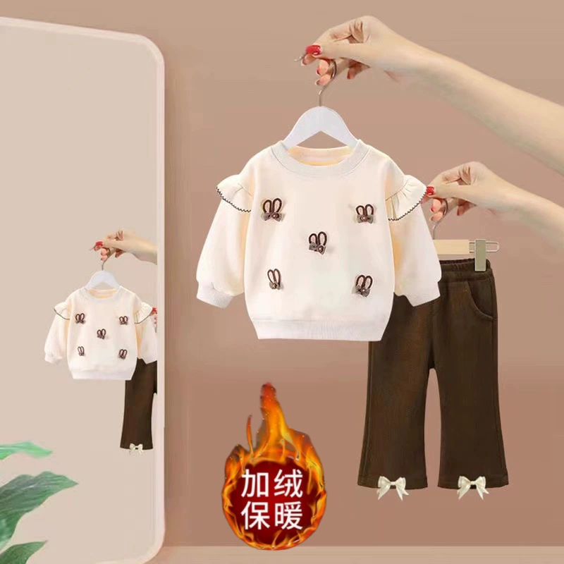 Зимний бархатный утолщение набор для девочек 2024 новая детская сеть красная бархатная свитера повседневная детская одежда из двух частей