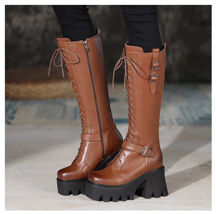 Boot nữ cổ cao phong cách cổ điển, gót 10 cm, khóa dây buộc — Lót nhung đen chi tiết 8