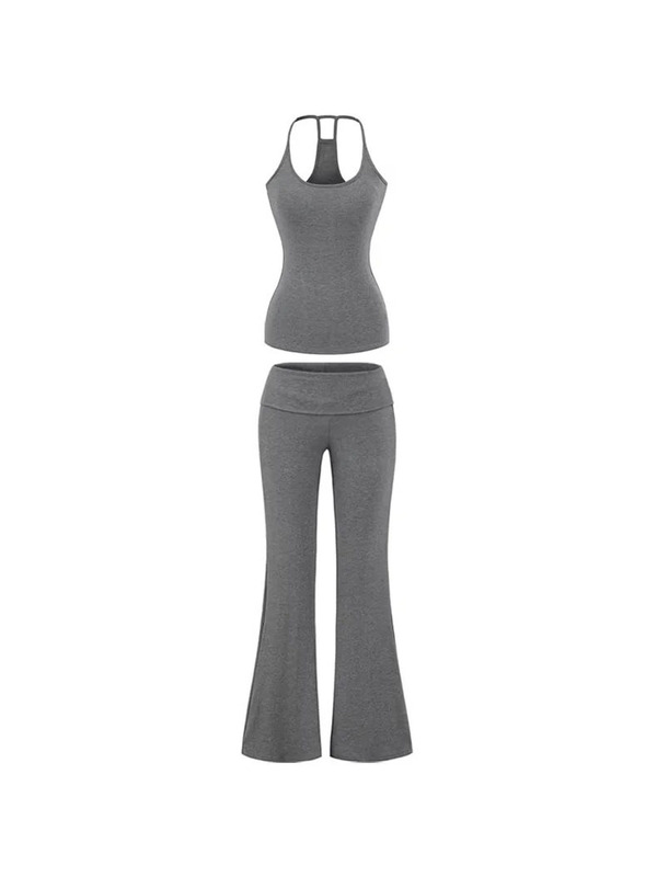 Yoga Sports Set with Slim Fit, Padded Elastic Camisole Tank Top + Cuffed Waist Slimming Drapey Flared Pants Yoga Sports Set with Slim Fit, Padded Elastic Camisole Tank Top + Cuffed Waist Slimming Drapey Flared Pants