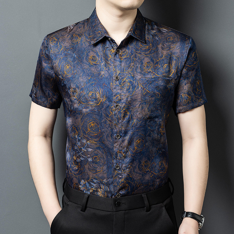 Áo sơ mi nam lụa tơ tằm Xiangyunsha 100% dâu tằm tay ngắn cao cấp — Jinlan 25166