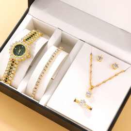 新品5pcs set小众轻奢百搭小巧钢带小绿表耳钉项链手链戒指套装