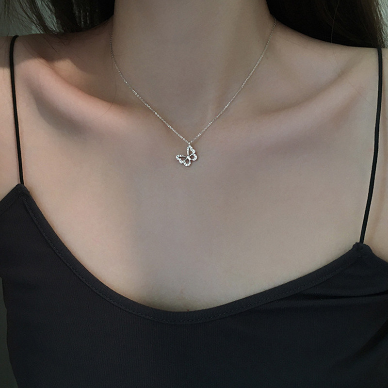 silver butterfly simple ladies hollow butterfly pendant diamond clavicle alloy chainpicture2