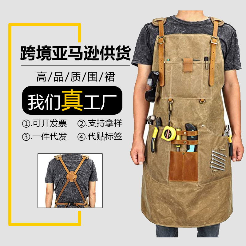 Comercio exterior delantal de lona gruesa logotipo personalizado carpintero electricista barbero ropa de trabajo tipo correa de bolsa delantal al por mayor
