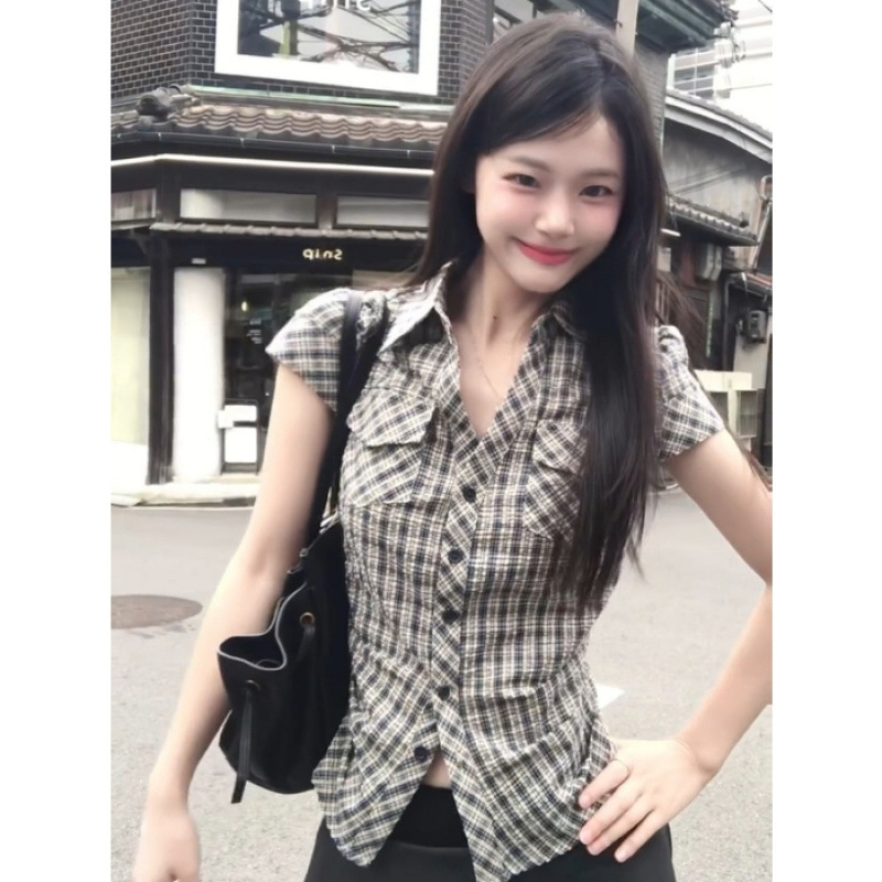 跨境美式复古格子短袖衬衫女2025年新款女装秋季爆款衬衣显瘦辣妹|undefined