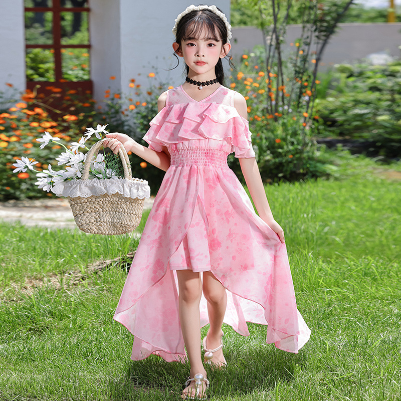Girls' Dress 2026 New Summer Chiffon Floral Stylish Thin Long Dress for Older Children Princess Style Summer Dress