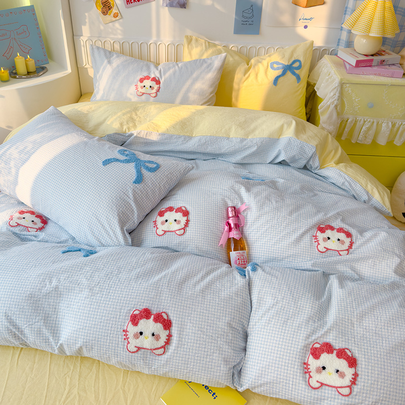 워시드 코튼 타월 자수 - 나비 고양이 - 블루 그리드