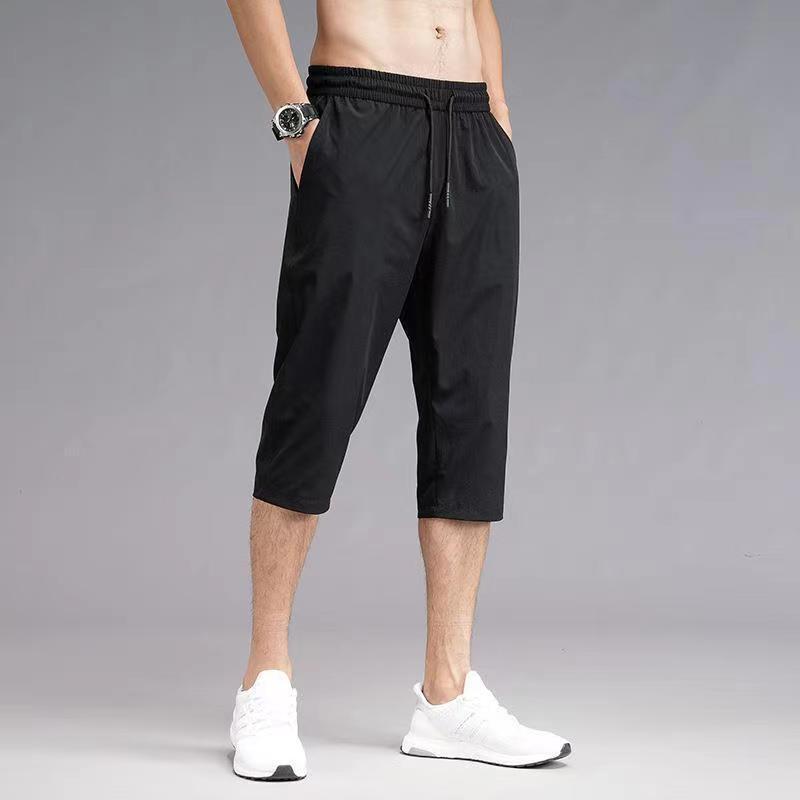 Summer Solid Color Casual Men's Pants for Middle-aged and Elderly Quick-drying Ice Silk Stretch Shorts Breathable plus size Loose Men's Capri Pants
