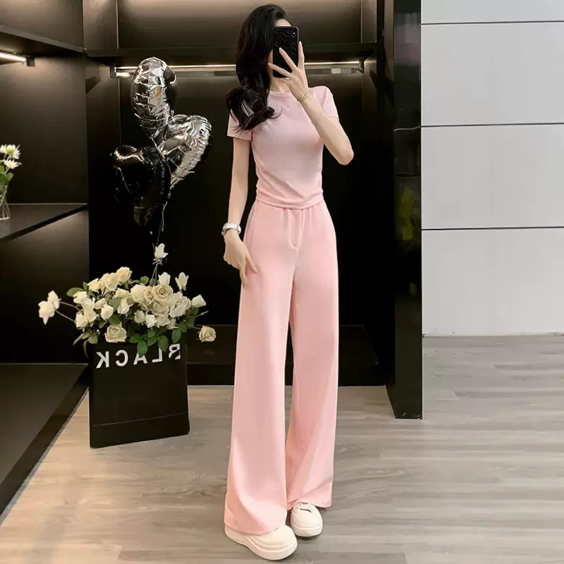 洋气时髦休闲运动套装女夏2025新款粉色短袖圆领上衣阔腿裤两件套