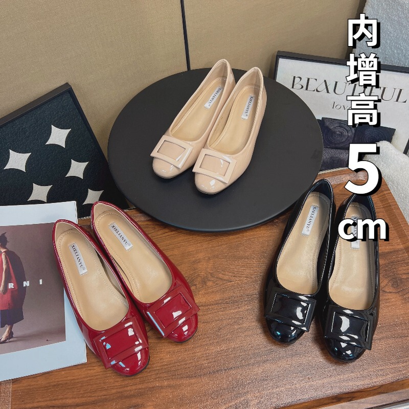Square Buckle Height-Increasing 5cm Soft Patent Leather Elegant Shallow Mouth Women's Slip-On Round-Toe French Style Pure Desire Commuter Shoes Fashion