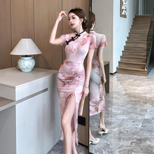 4401跨境外贸女装批发东南亚盘扣绝美网纱褶皱修身改良旗袍连衣裙