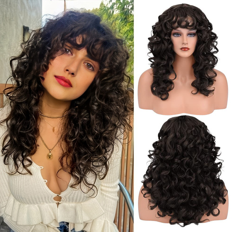 Long Curly Hair Wig with Bangs 40cm Long Wig with European and American Style Curls Long Curly Hair Wig with Bangs 40cm Long Wig with European and American Style Curls