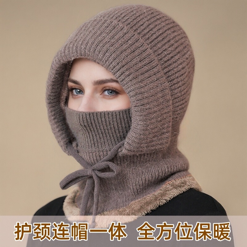 跨境中老年帽子女秋冬时尚妈妈保暖连体帽围脖一体护耳针织毛线帽|undefined