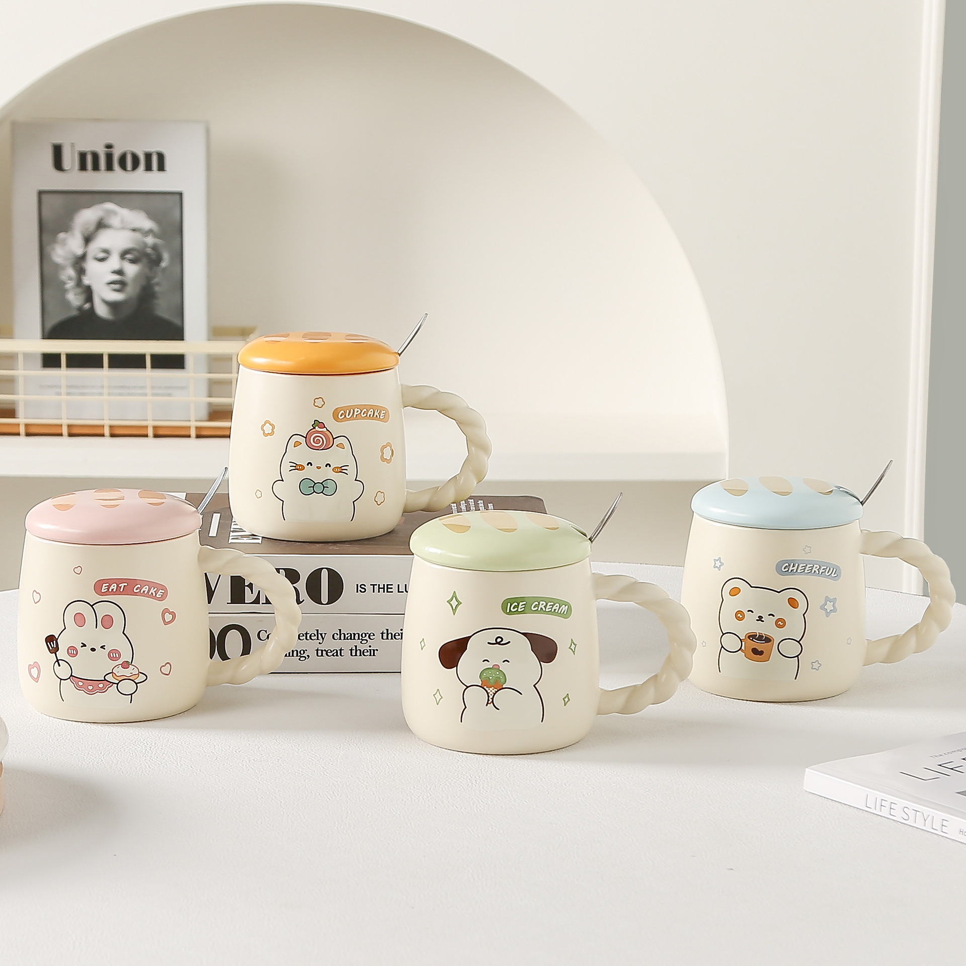 Coffee cup with spoon ceramic with lid cute wind mug high-value set…